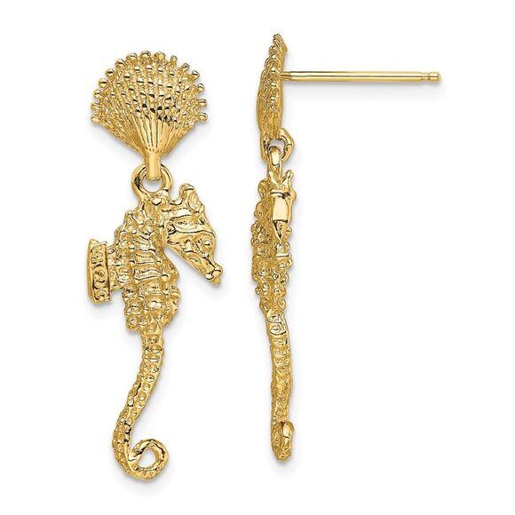 Kazi Luxury 14k Yellow Gold Shell & Seahorse Dangle Earrings